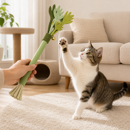 Green Cat Teaser Wand with Bell and Multi-Strip Design